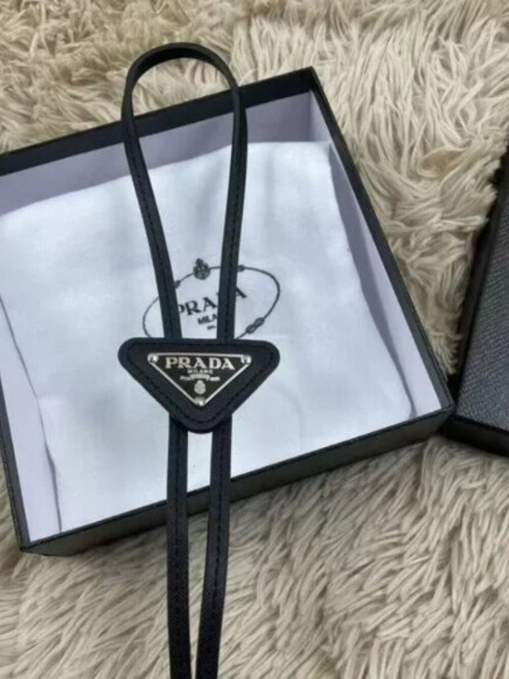 Unisex PRADA Black🖤Saffiano Leather Bolo Tie💯Authentic-with box